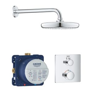 Набор для комплектации душа GROHE Grohtherm: встраиваемый термостат с переключателем верхний-ручной душ, квадратная розетка, верхний душ Tempesta 210 с кронштейном, хром (34728000)