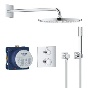 Набор для комплектации душа GROHE Grohtherm: встраиваемый термостат с переключателем верхний-ручной душ, квадратная розетка,  верхний душ RSH Cosmo 310 с кронштейном, ручной душ Sena с подключением и шлангом, хром (34730000)