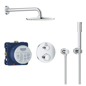 Набор для комплектации душа GROHE Grohtherm: встраиваемый термостат с переключателем верхний-ручной душ, круглая розетка, верхний душ RSH Cosmo 210 с кронштейном, ручной душ Sena с подключением и шлангом, хром (34732000)