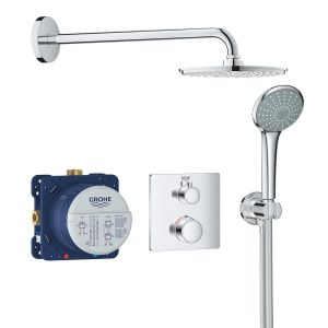 Набор для комплектации душа GROHE Grohtherm: встраиваемый термостат с переключателем верхний-ручной душ, квадратная розетка,  верхний душ RSH Cosmo 210 с кронштейном, ручной душ Euphoria с подключением и шлангом, хром (34734000)