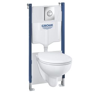Готовый набор для унитаза GROHE QuickFix Bau Ceramic: система инсталляции Solido 5 в 1, подвесной унитаз Bau Ceramic, сиденье с микролифтом, панель смыва Sail, шумоизоляция (39415000)