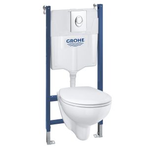 Готовый набор для туалета GROHE Bau Ceramic: инсталляция GROHE Solido, подвесной унитаз Bau Ceramic, сиденье с микролифтом, панель смыва Start + шумоизоляция (39419000)