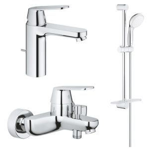 Комплект смесителей GROHE Eurosmart Cosmopolitan для раковины, ванны с душевым гарнитуром и полкой, хром (1000179)