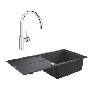 Промо-набор для кухни: композитная мойка с одной чашей и крылом, оборачиваемая; смеситель кухонный GROHE Essence с L-образным изливом (130028)